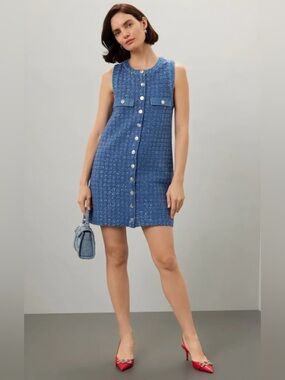 Sandro Blue Tweed Sleeveless Button-Front Mini Dress